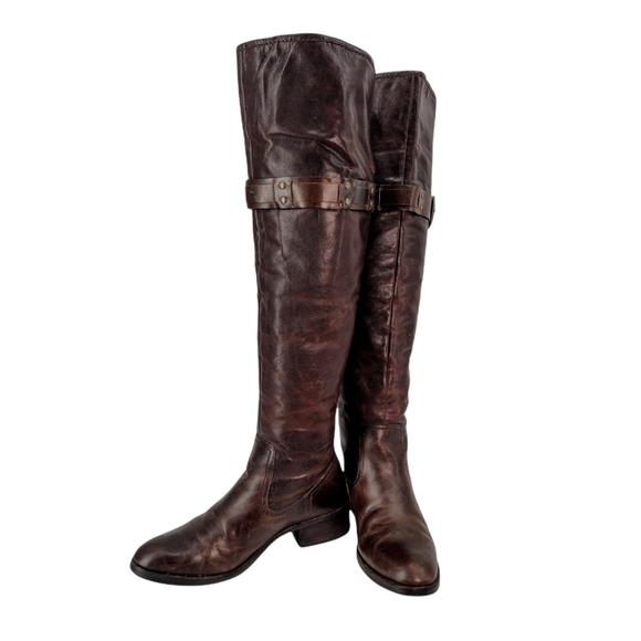 RUSTIC "Clancy" DISTRESSED REDDISH BROWN OVER KNEE BOOTS STRAPPED w BUCK… - Picture 3 of 13